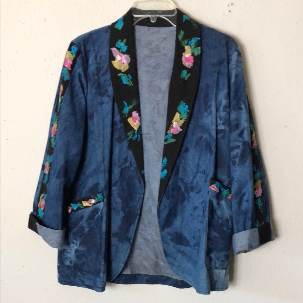 Frieda Floral Embroidered Abstract Dyed Blue Denim Jacket Blazer Art to Wear
